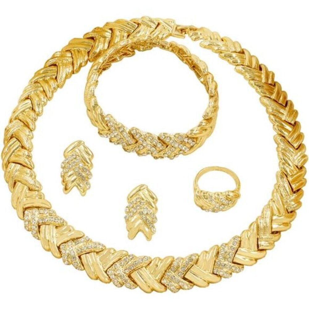 Gold Crystal Necklace Earrings Jewelry Set Wedding Party Dubai Jewelry Women